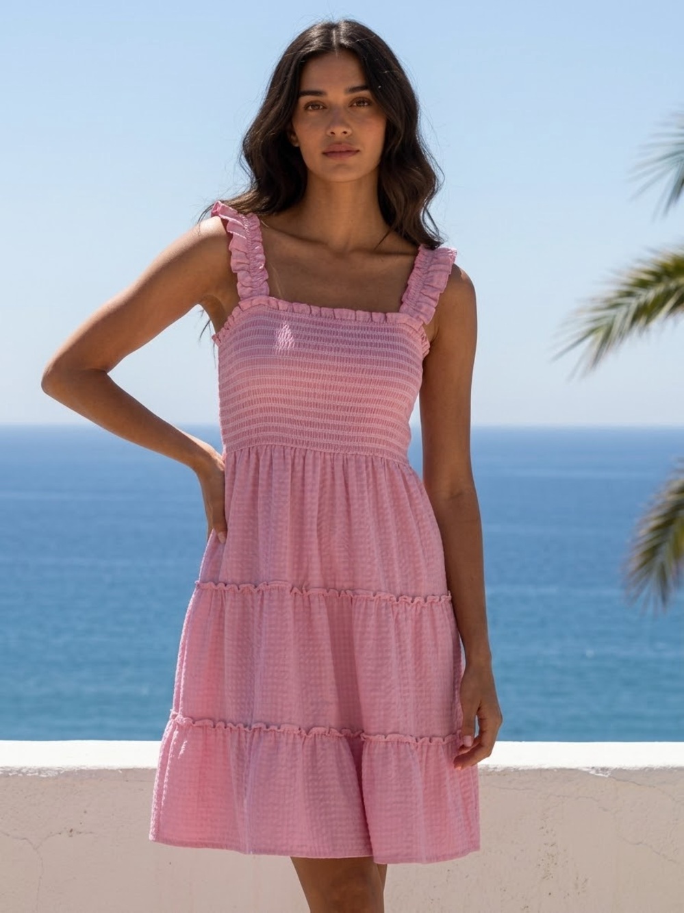 J.Crew Pink White Stripe 100% Cotton Smocked Tiered Dress S